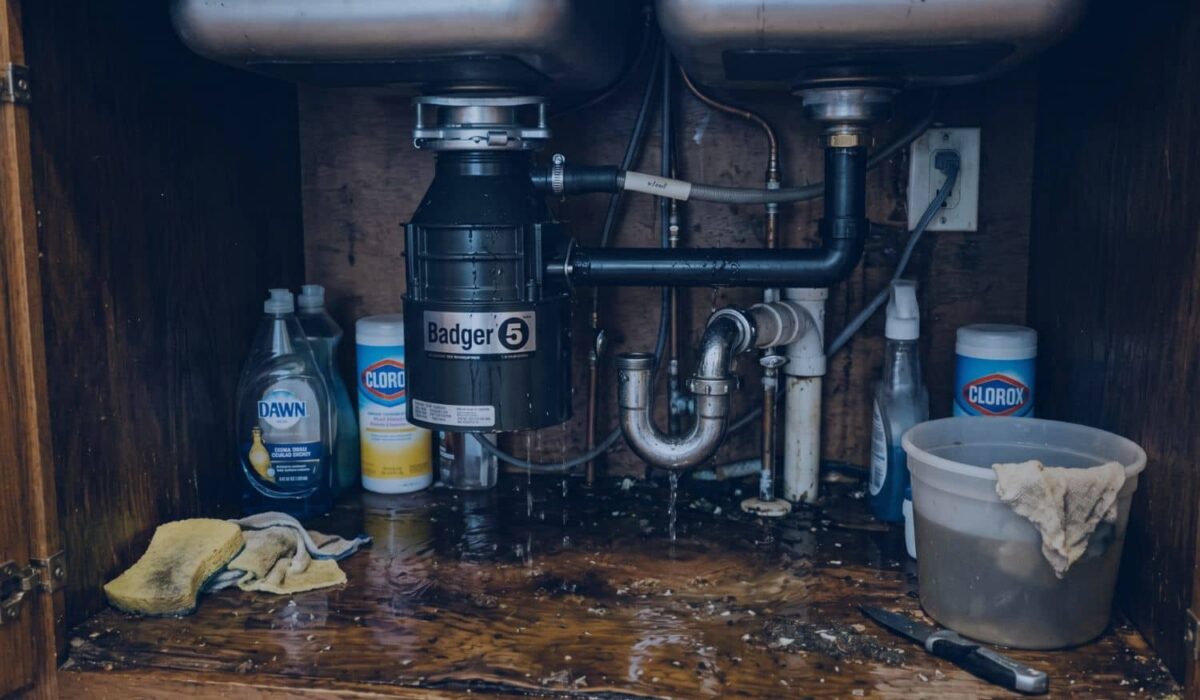 A leaking garbage disposal under a kitchen sink with standing water on the cabinet floor, demonstrating the mess caused when learning how to unclog a garbage disposal with standing water.