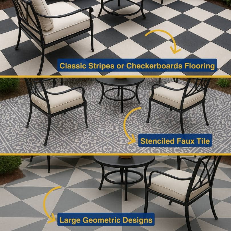 Examples of painted cement patios featuring checkerboards, stenciled faux tiles, and geometric designs