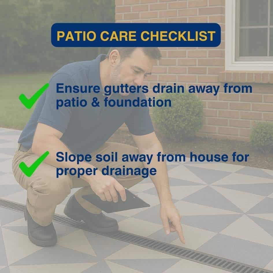 Checklist tips for maintaining a patio, including drainage and gutter care.