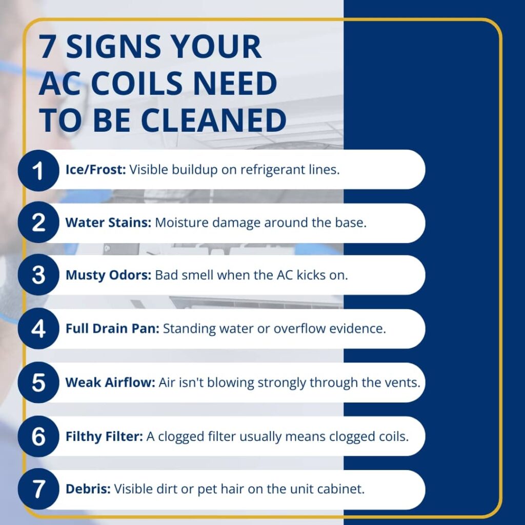 An infographic titled "7 Signs Your AC Coils Need To Be Cleaned" lists indicators such as ice buildup, water stains, musty odors, a full drain pan, weak airflow, a filthy filter, and visible debris.