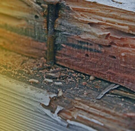 Damaged structural wood showing white worker termites and fecal pellets, indicating a house termite inspection is needed.
