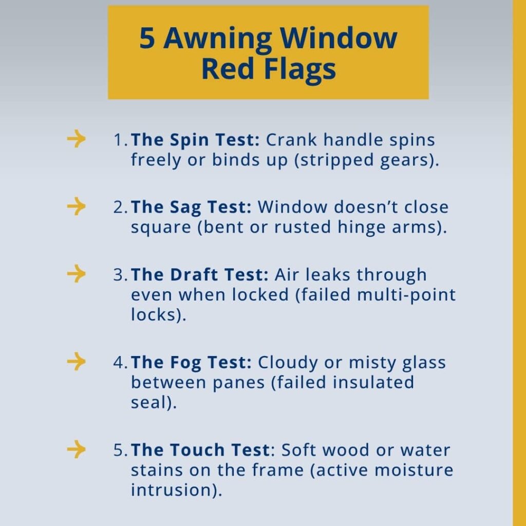 An infographic titled "5 Awning Window Red Flags" features a numbered checklist of five home inspection tests to detect common defects like stripped gears, rusted hinges, drafts, failed seals, and moisture intrusion.