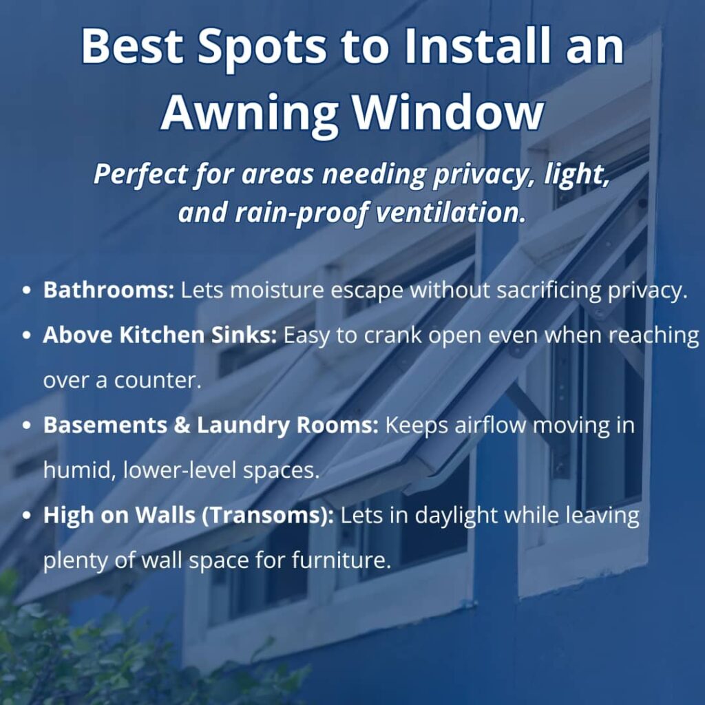 An infographic titled "Best Spots to Install an Awning Window" features a blue-tinted background of open windows and lists ideal home locations, including bathrooms, kitchen sinks, basements, and high walls.
