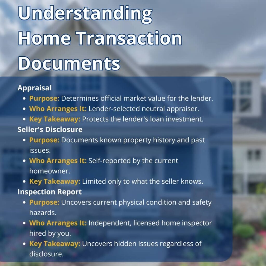 An infographic titled "Understanding Home Transaction Documents" outlining the purpose, provider, and key takeaway for appraisals, seller's disclosures, and inspection reports.