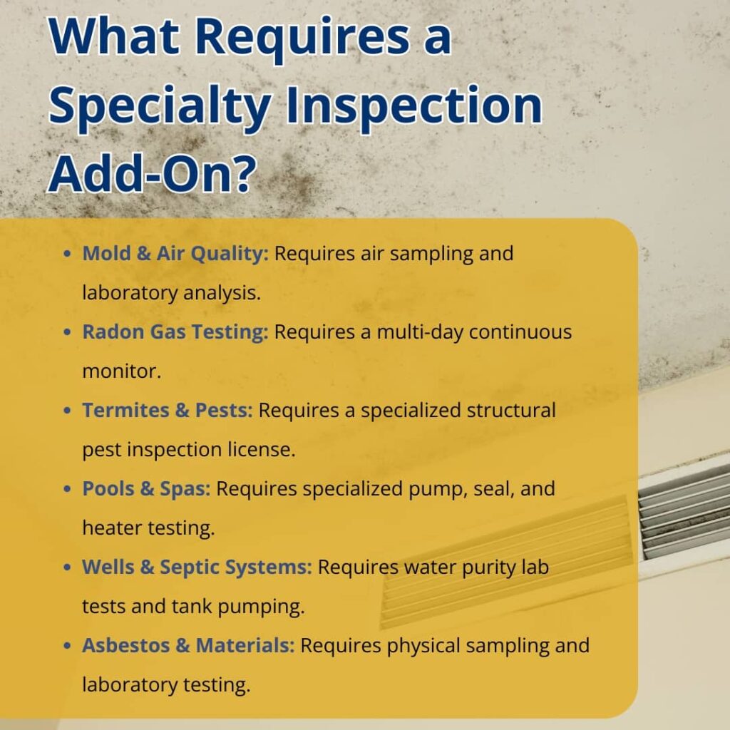 An infographic titled "What Requires a Specialty Inspection Add-On?" listing services like mold, radon, pests, pools, septic systems, and asbestos that require dedicated home inspections.