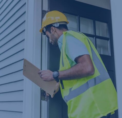 A home inspector wearing a hard hat and high-visibility vest holds a clipboard while inspecting a residential door frame.