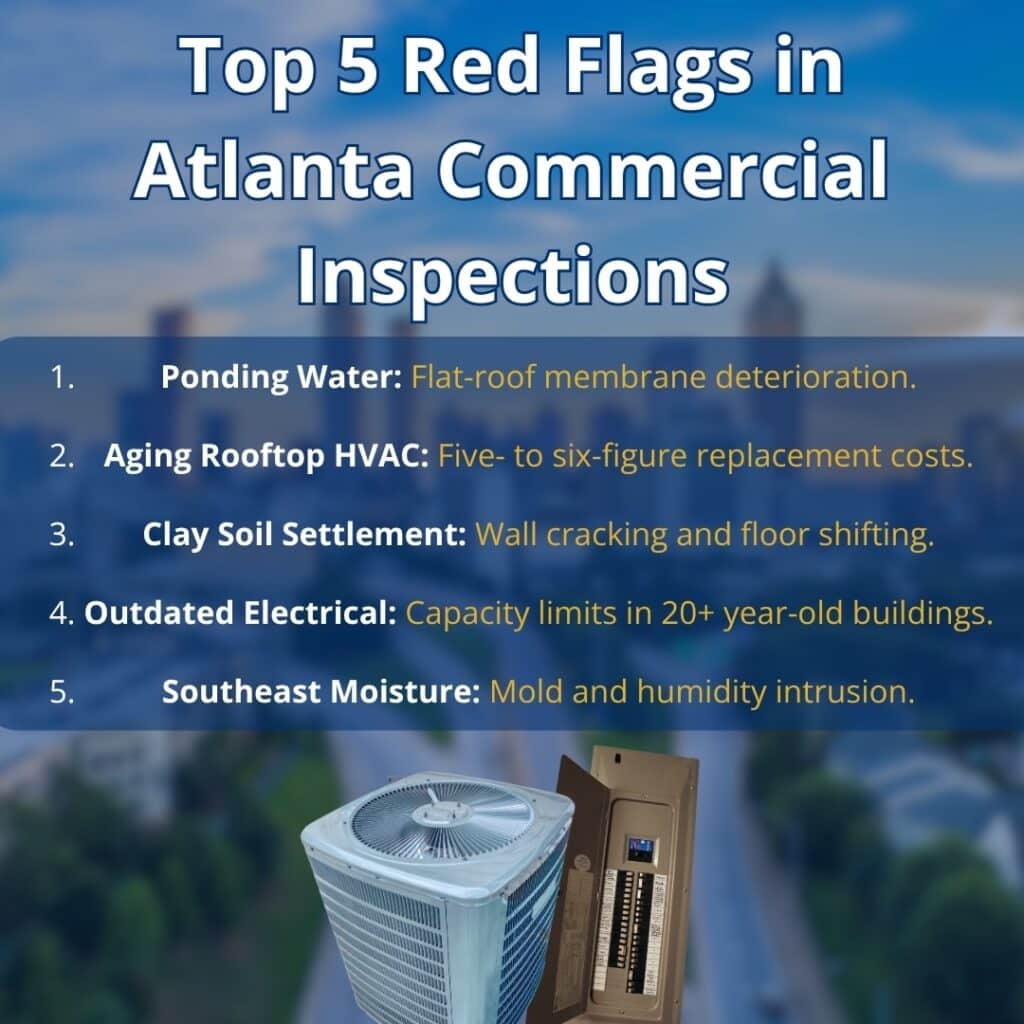 An infographic titled "Top 5 Red Flags in Atlanta Commercial Inspections" listing ponding water, aging rooftop HVAC, clay soil settlement, outdated electrical, and Southeast moisture intrusion against an Atlanta skyline background with photos of an HVAC unit and electrical panel.